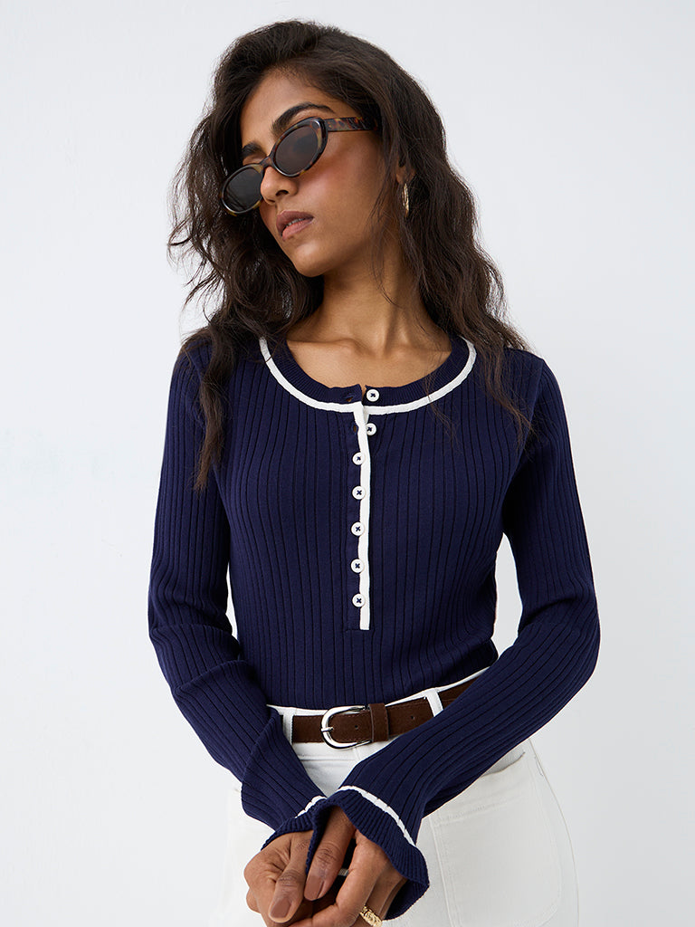 LOV Navy Ribbed-Textured Top