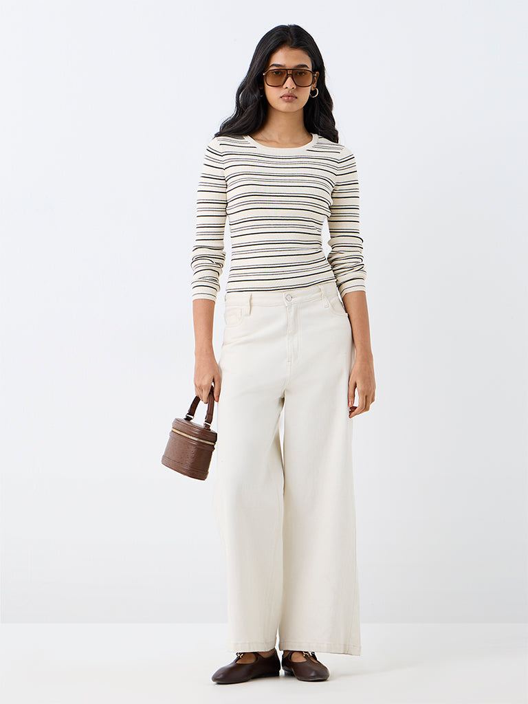 LOV Dark Green Rib-Knitted Striped Top