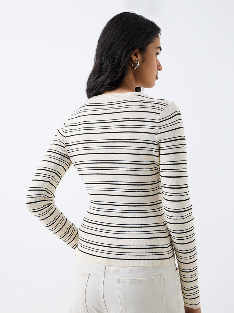 LOV Dark Green Rib-Knitted Striped Top