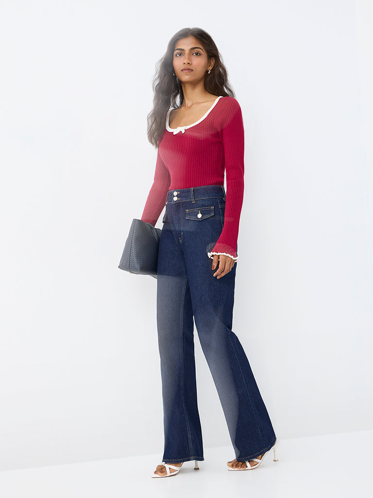 LOV Burgundy Ribbed Bow-Detail Top