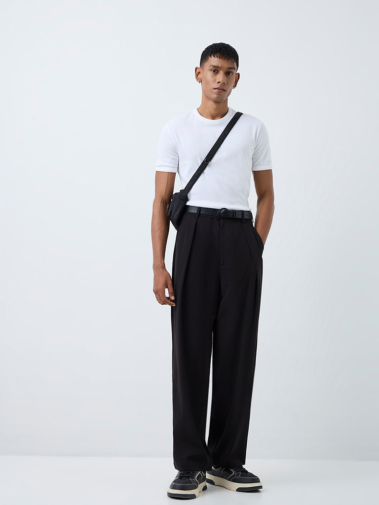 Nuon Black Pleated Loose-Fit Mid-Rise Cotton Trousers