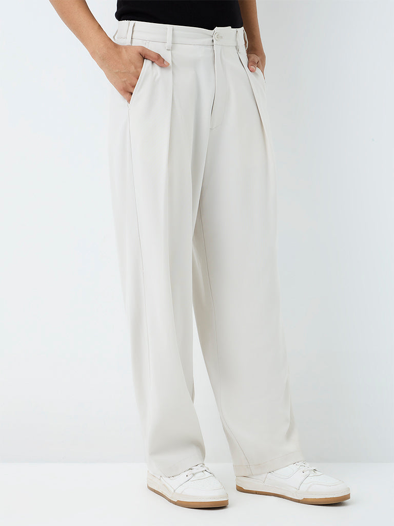 Nuon Off-White Pleated Loose-Fit Mid-Rise Cotton Trousers