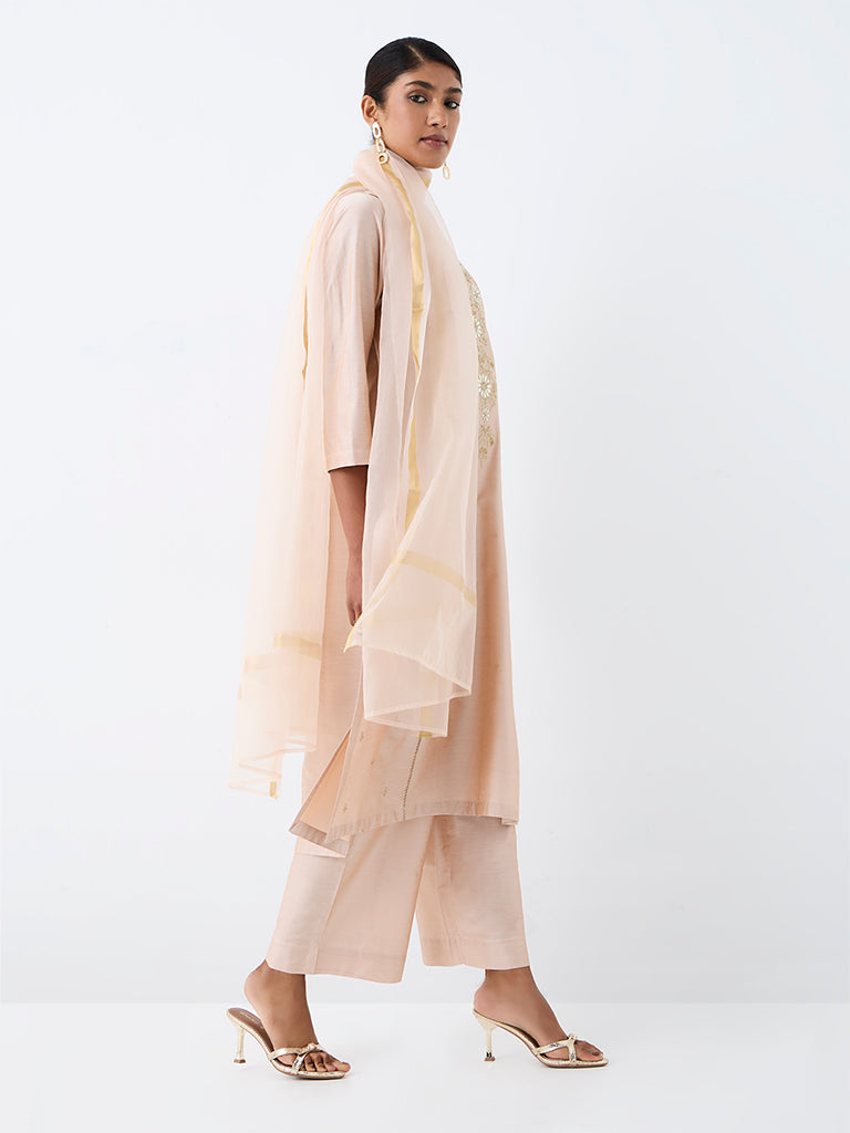 Vark Light Peach Floral Embroidered A-Line Ethnic Set