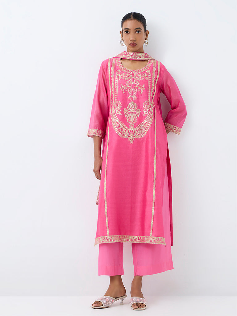 Vark Pink Floral Embroidered A-Line Ethnic Set