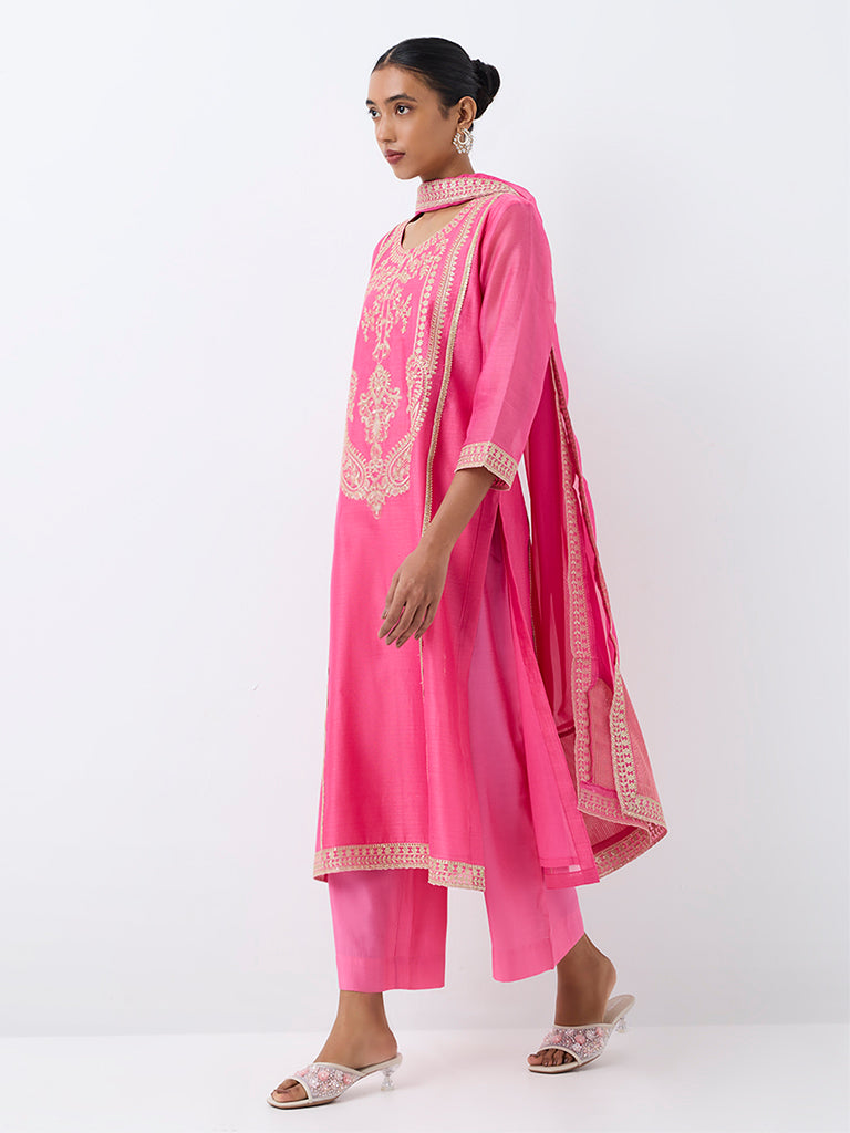Vark Pink Floral Embroidered A-Line Ethnic Set