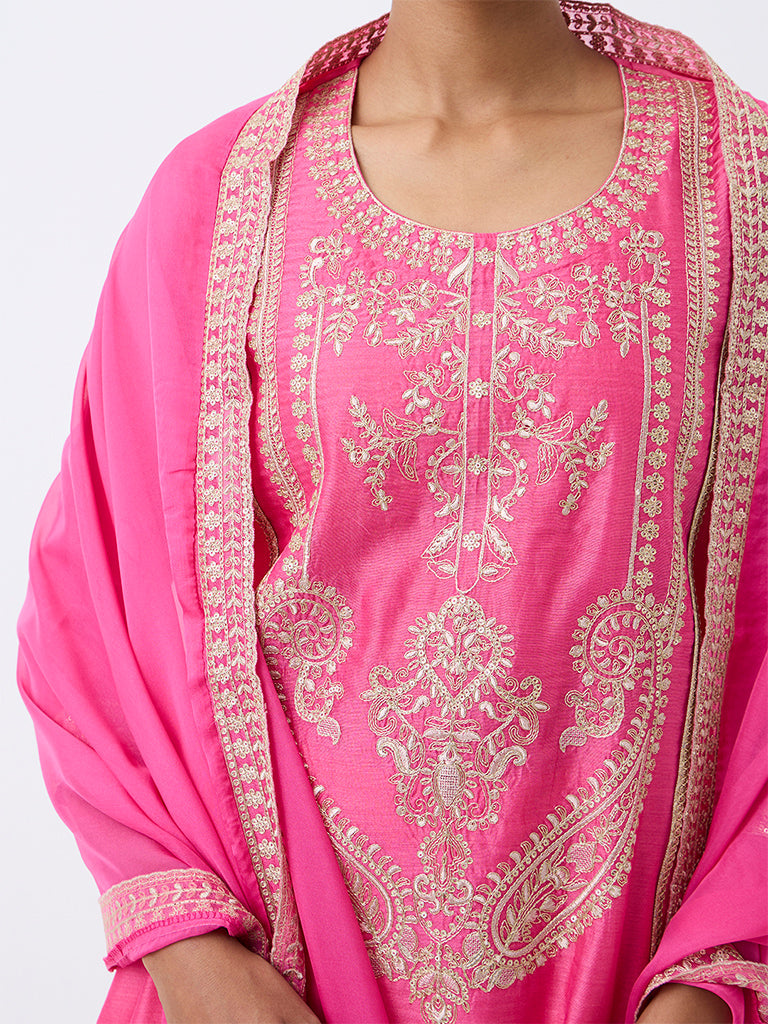 Vark Pink Floral Embroidered A-Line Ethnic Set