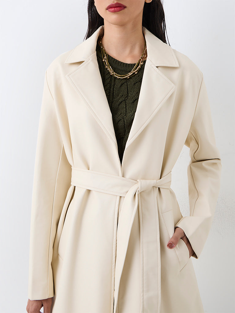 LOV Ivory Solid Faux Leather Trench Coat with Belt