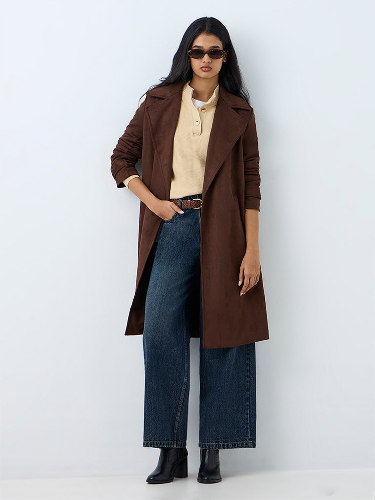 LOV Dark Brown Longline Suede Jacket with Belt