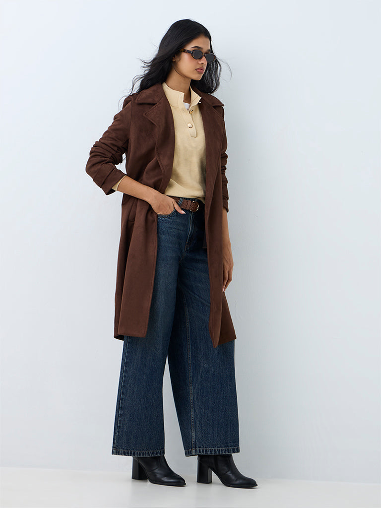 LOV Dark Brown Longline Suede Jacket with Belt