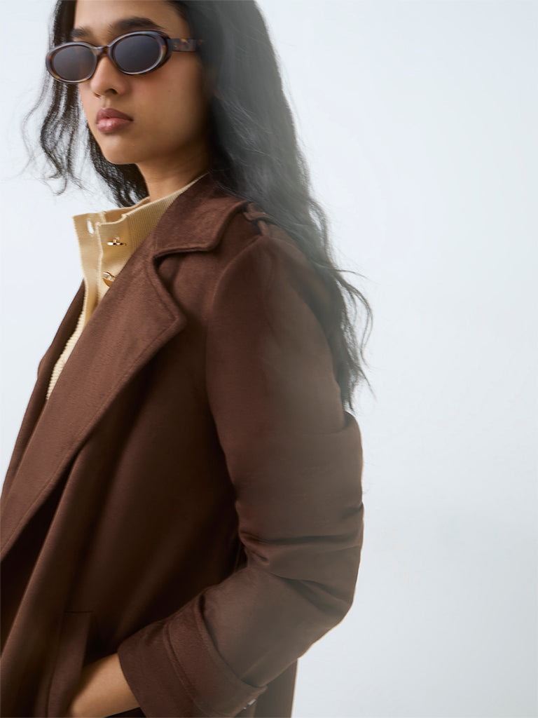LOV Dark Brown Longline Suede Jacket with Belt