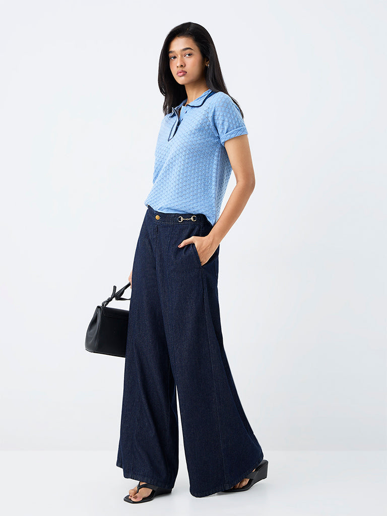 LOV Dusty Blue Knit-Textured Polo T-Shirt