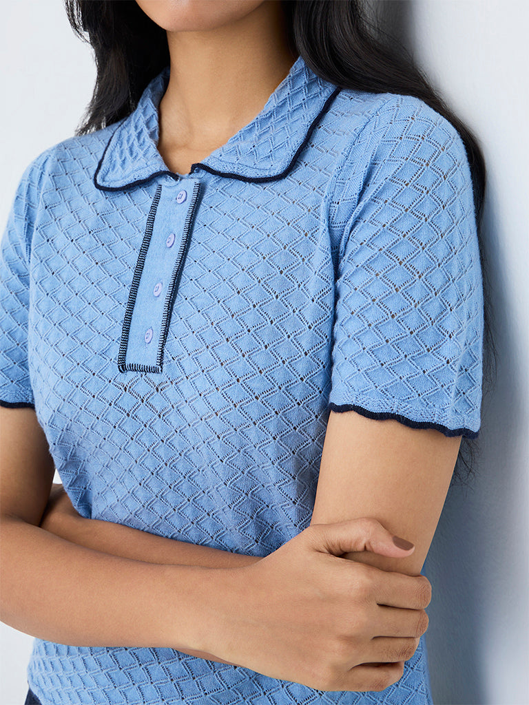 LOV Dusty Blue Knit-Textured Polo T-Shirt