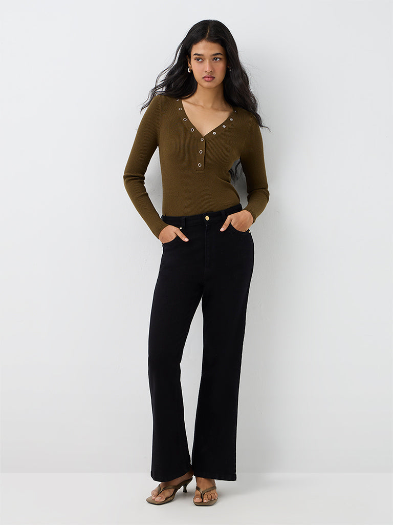 LOV Dark Olive Ribbed-Knit Top