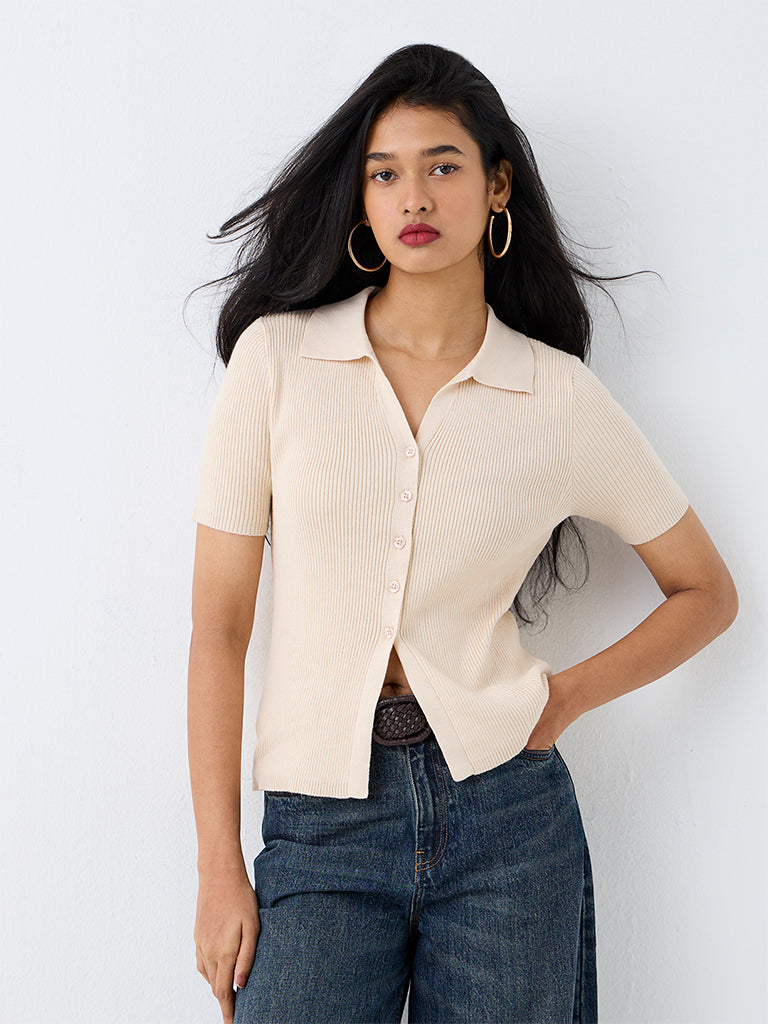 LOV Light Beige Ribbed-Textured Polo Top