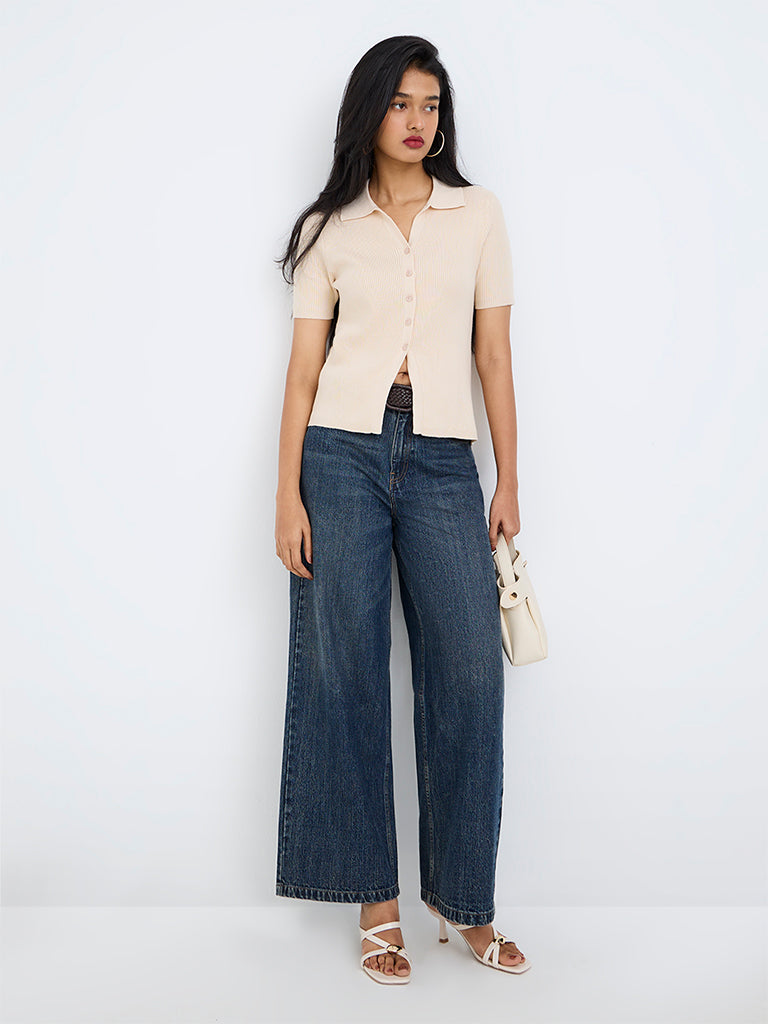 LOV Light Beige Ribbed-Textured Polo Top