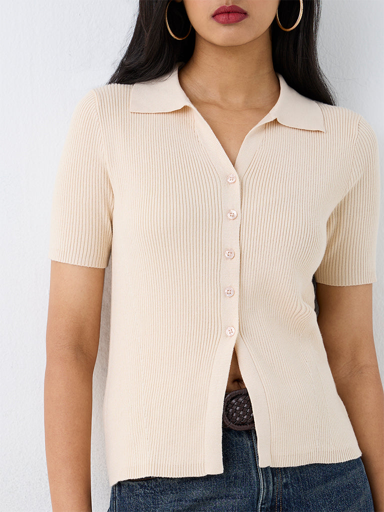 LOV Light Beige Ribbed-Textured Polo Top