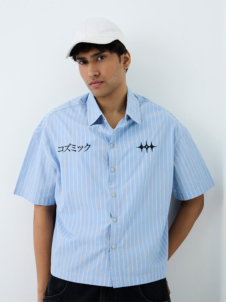 Nuon Light Blue Striped Boxy-Fit Cotton Shirt