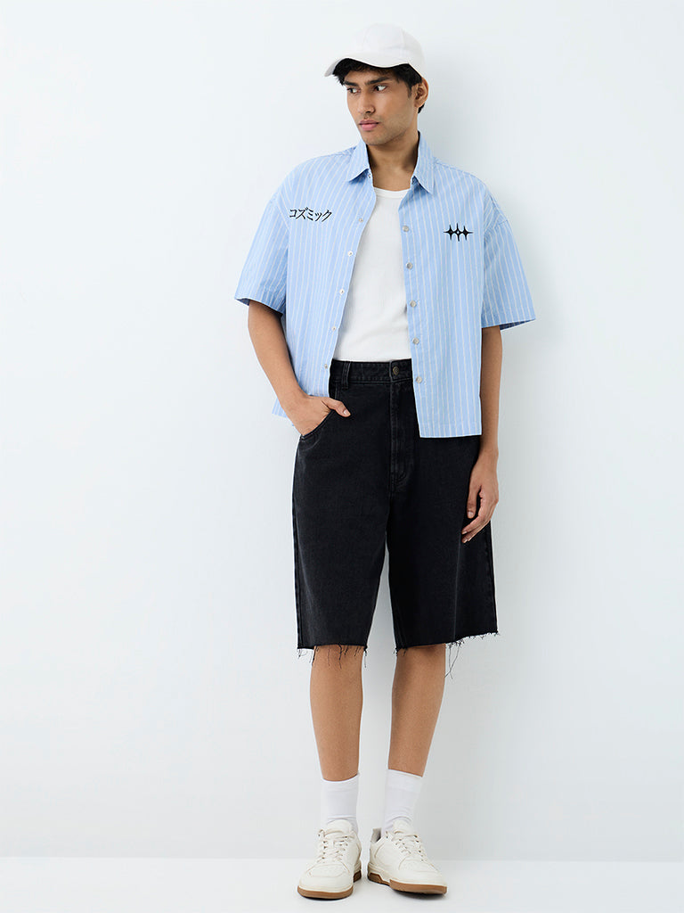 Nuon Light Blue Striped Boxy-Fit Cotton Shirt