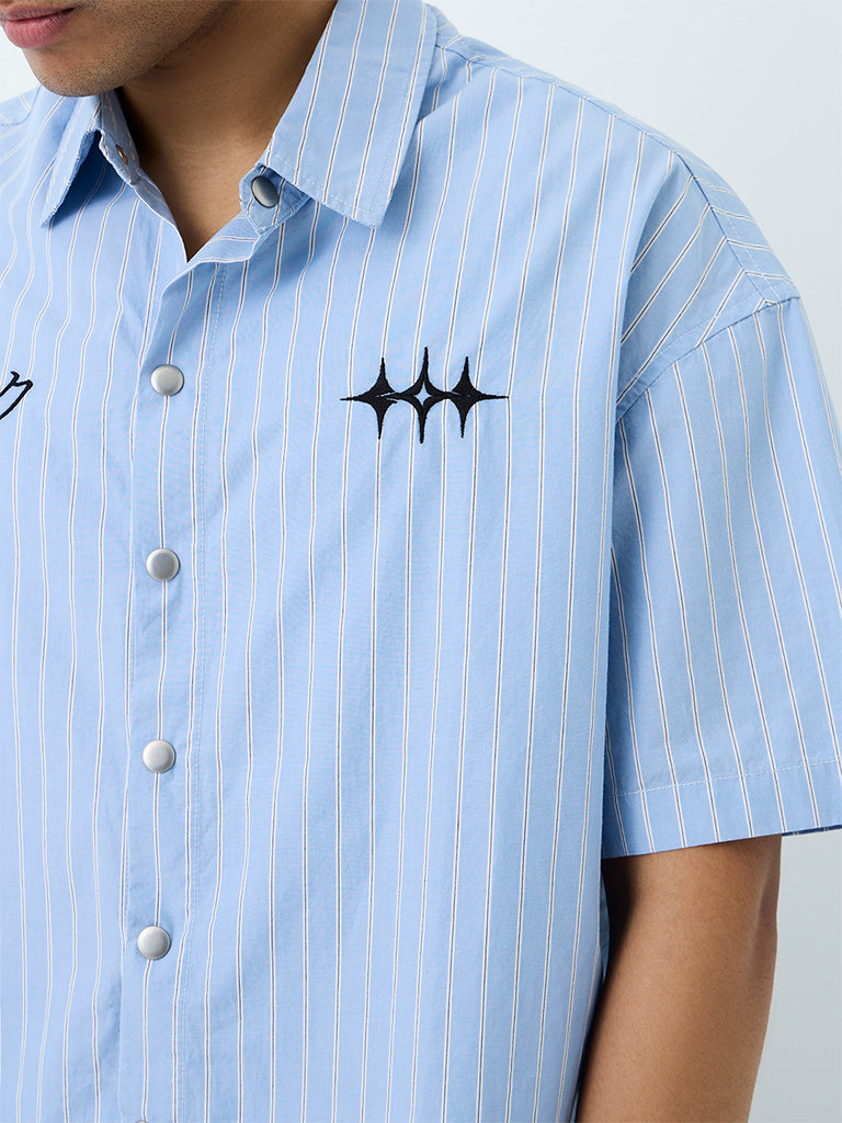 Nuon Light Blue Striped Boxy-Fit Cotton Shirt