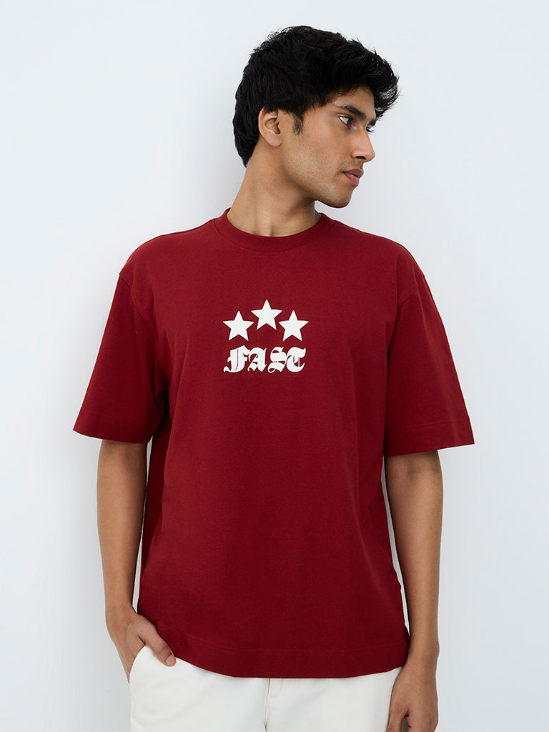 Nuon Red Graphic Embossed Relaxed-Fit Cotton T-Shirt