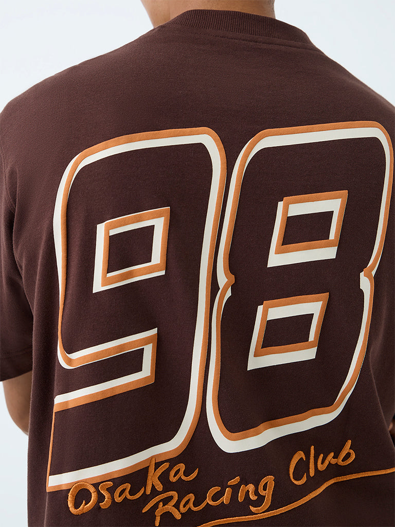 Nuon Brown Numerical Printed Relaxed-Fit Cotton T-Shirt