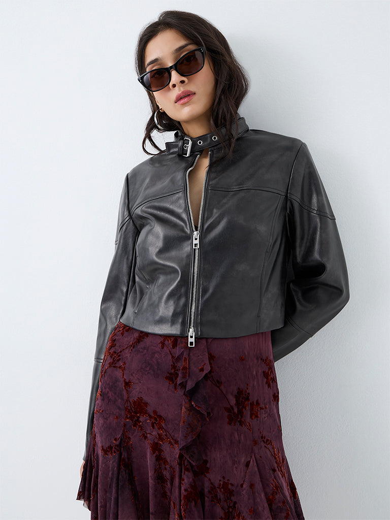 Nuon Black Solid Faux Leather Jacket