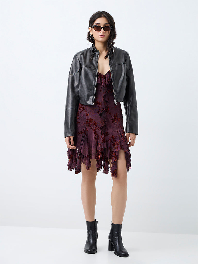 Nuon Black Solid Faux Leather Jacket