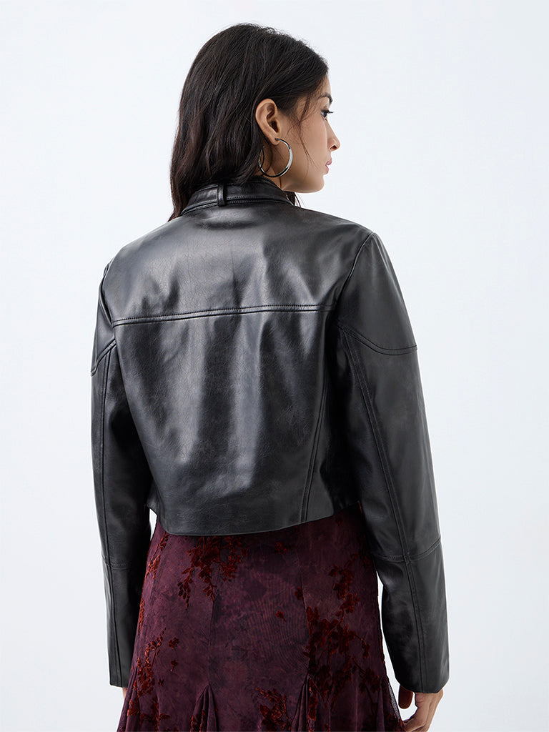 Nuon Black Solid Faux Leather Jacket