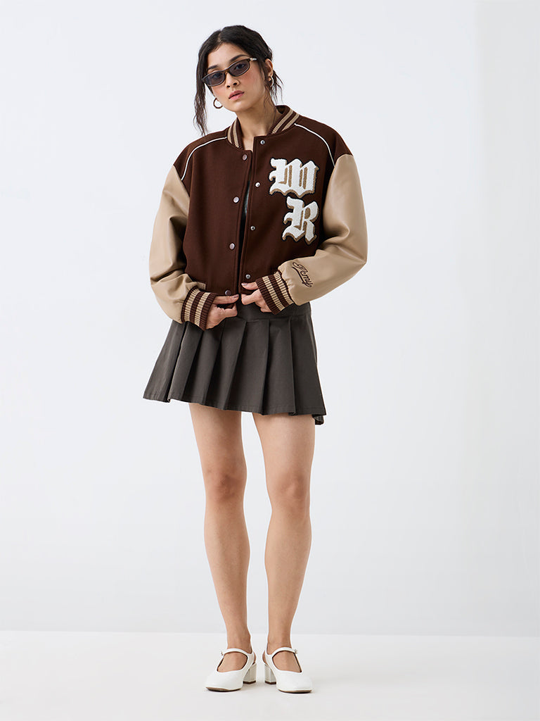 Nuon Brown Colour-Blocked Varsity Jacket