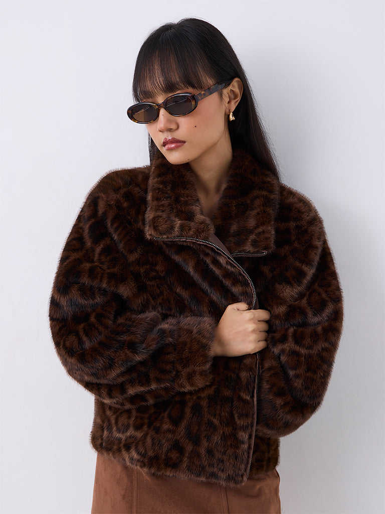 Nuon Dark Brown Animal Pattern Fur Jacket