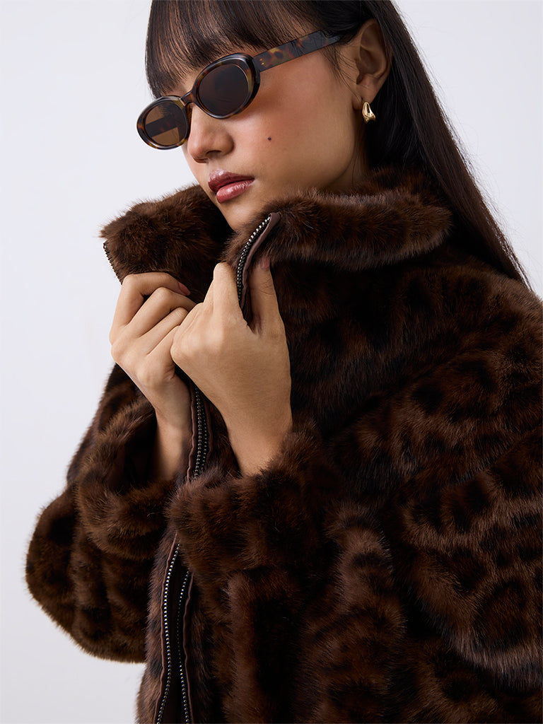 Nuon Dark Brown Animal Pattern Fur Jacket