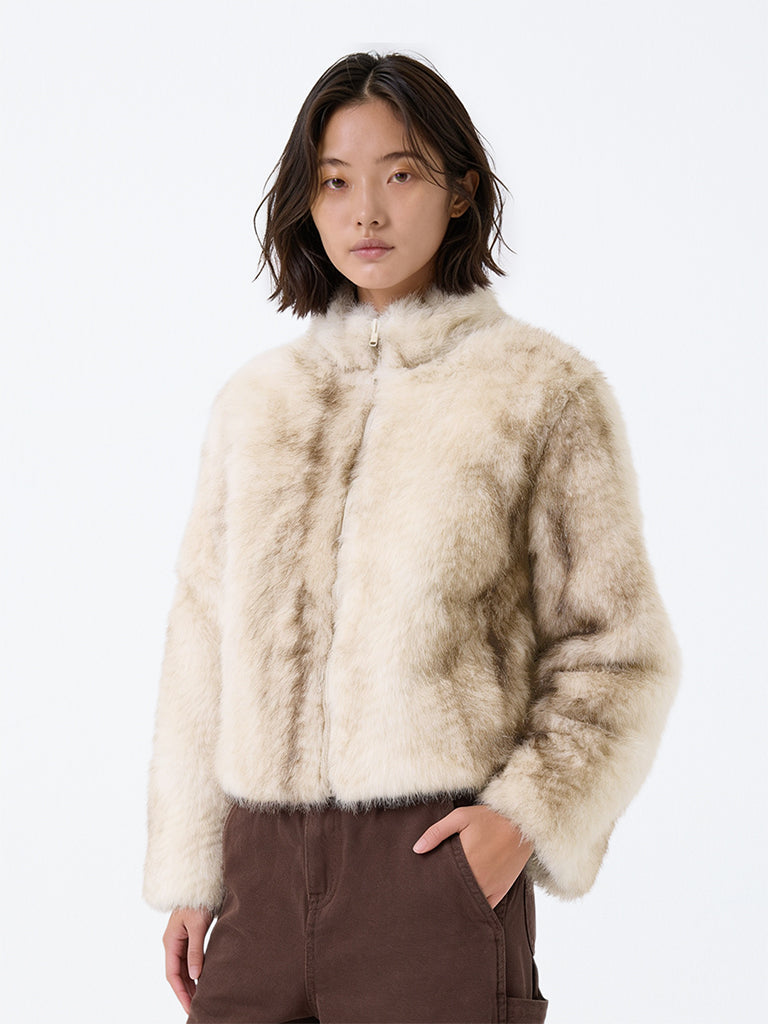 Girls Beige Faux-Fur Jacket