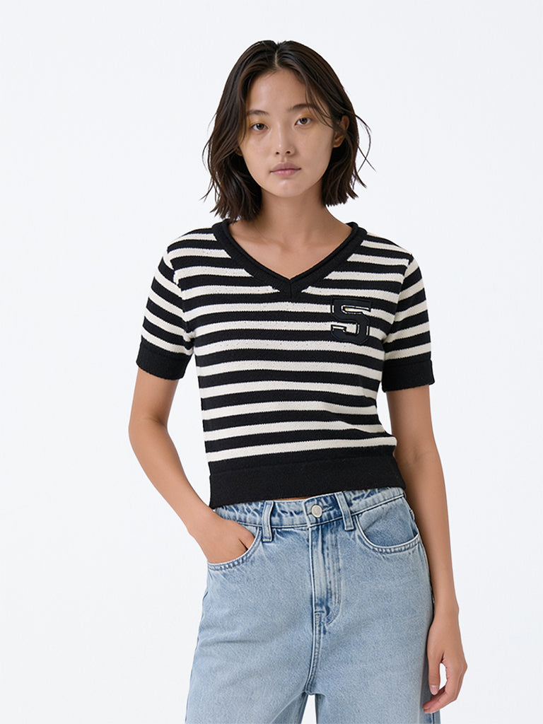 Girls Black Striped Cotton-Blend T-Shirt