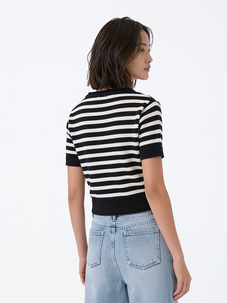 Girls Black Striped Cotton-Blend T-Shirt
