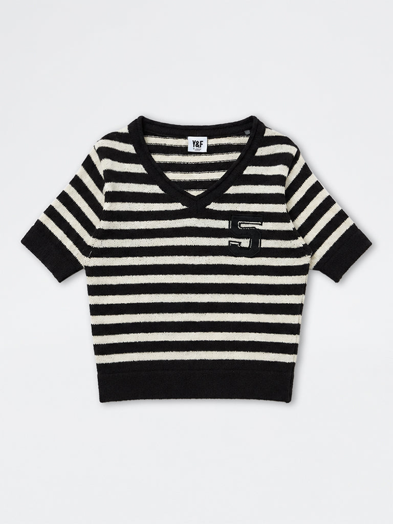 Girls Black Striped Cotton-Blend T-Shirt