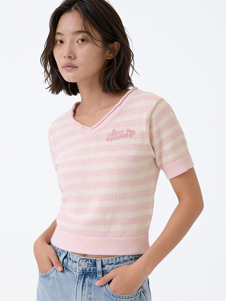 Girls Pink Striped Knitted Cotton-Blend T-Shirt