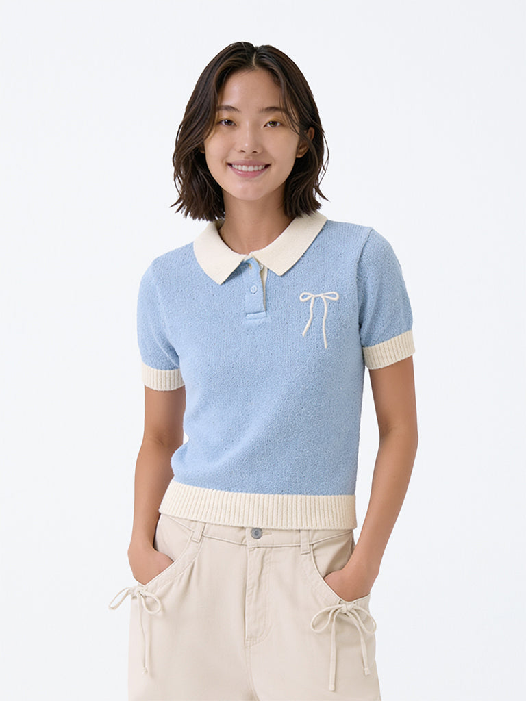 Girls Light Blue Bow-Detail Knitted Cotton-Blend Polo T-Shirt