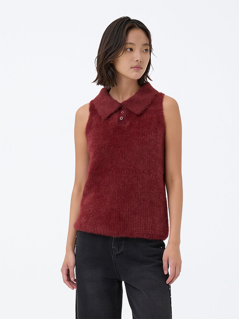 Girls Burgundy Fleece-Textured Polo Sweater