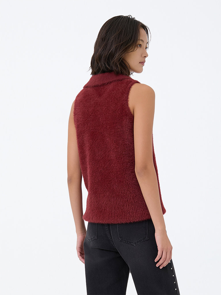 Girls Burgundy Fleece-Textured Polo Sweater