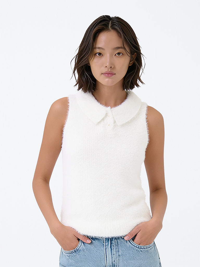 Girls White Fleece-Textured Polo Sweater