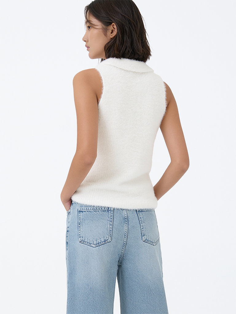 Girls White Fleece-Textured Polo Sweater