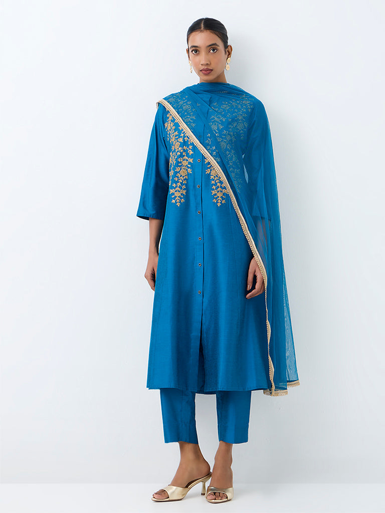 Vark Blue Floral Embroidered A-Line Ethnic Set