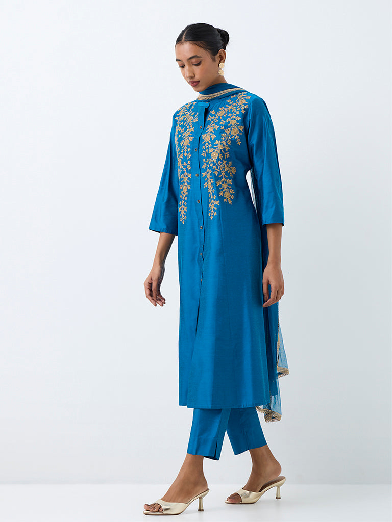 Vark Blue Floral Embroidered A-Line Ethnic Set