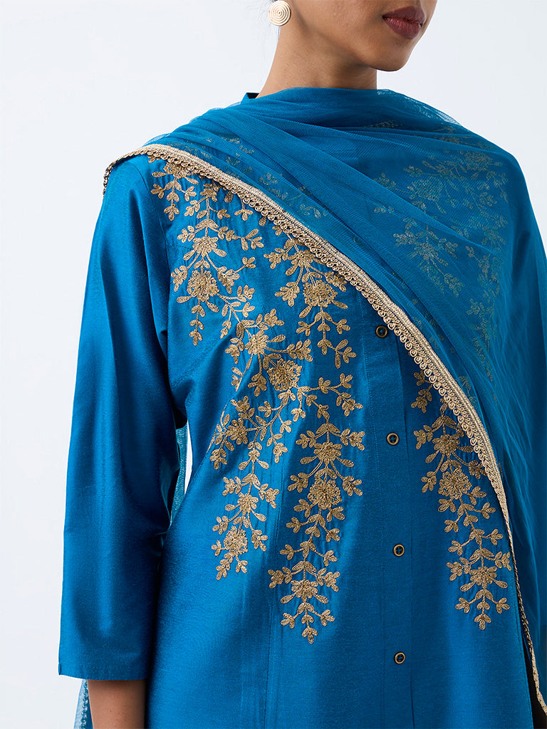 Vark Blue Floral Embroidered A-Line Ethnic Set