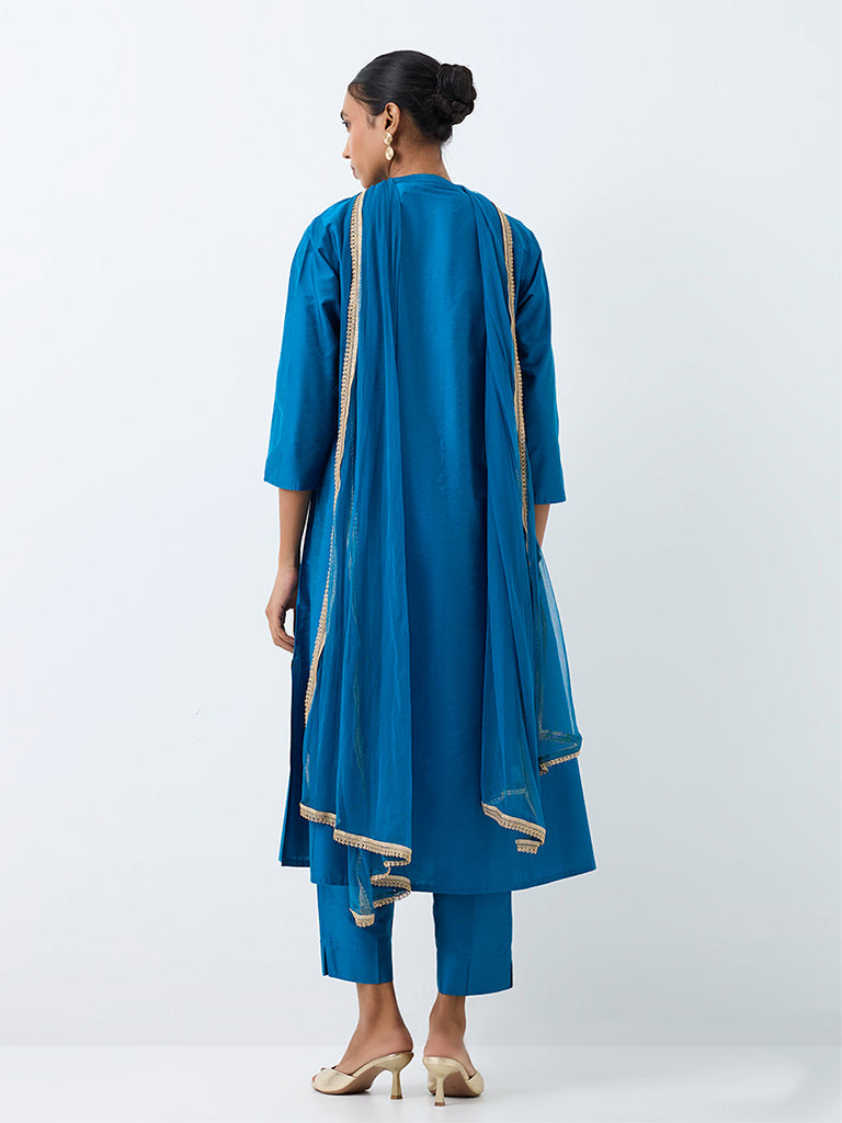 Vark Blue Floral Embroidered A-Line Ethnic Set