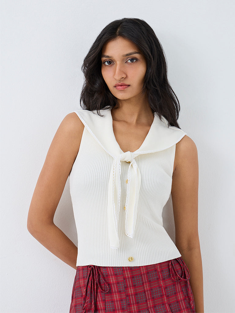 Nuon Off-White Ribbed Tie-Up Detail Top