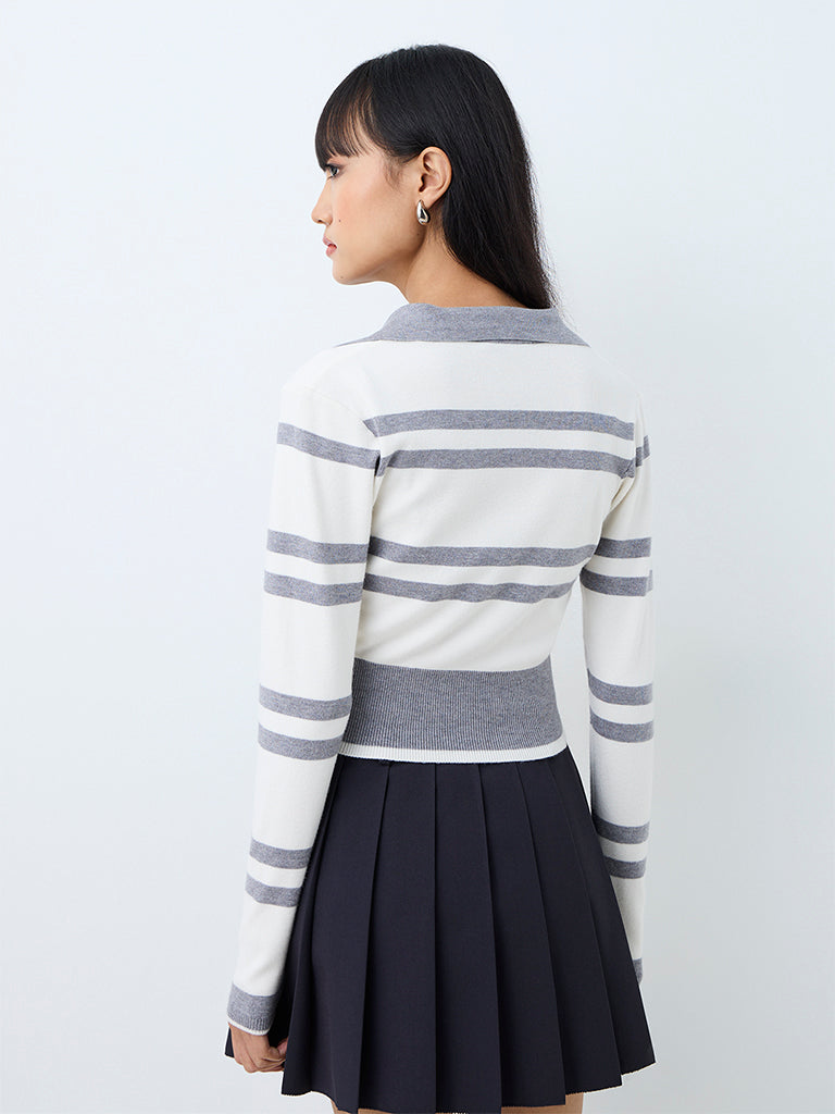 Nuon White and Grey Striped Knitted Top