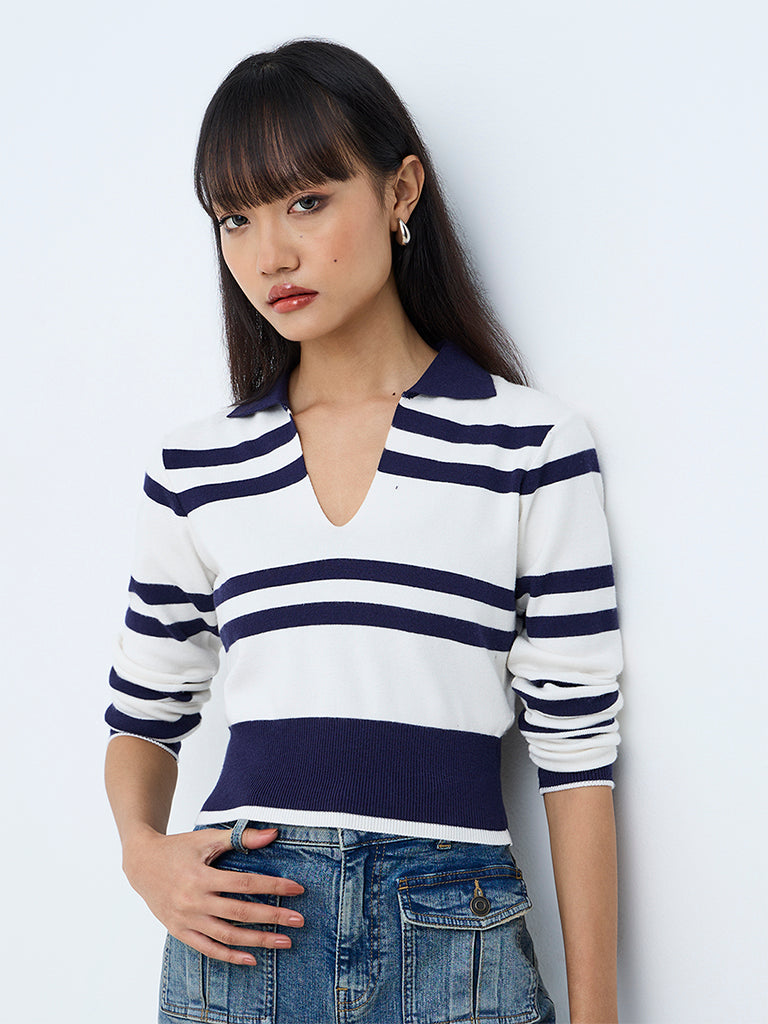 Nuon White and Navy Striped Knitted Top