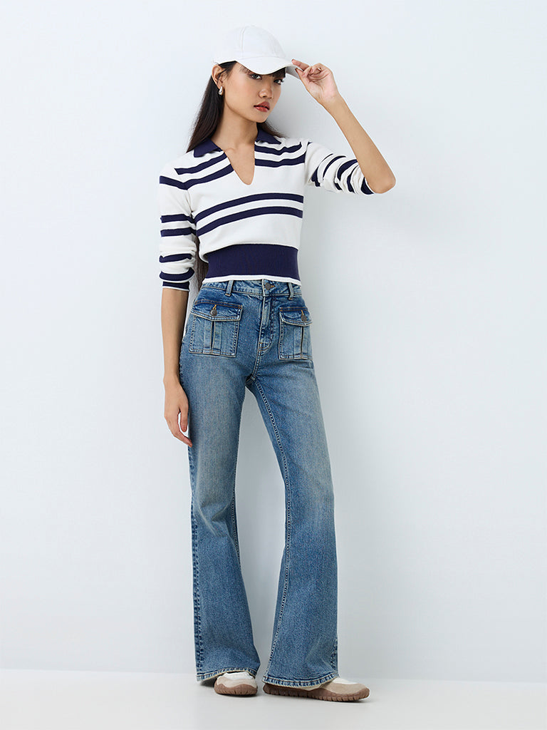 Nuon White and Navy Striped Knitted Top