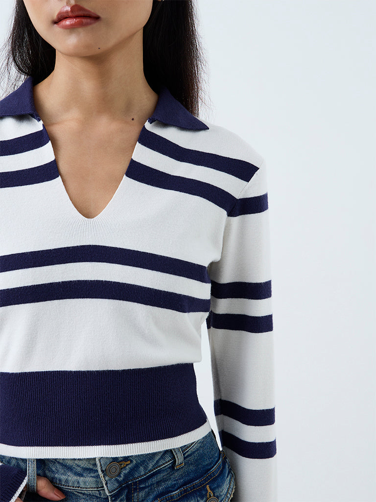 Nuon White and Navy Striped Knitted Top